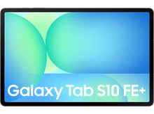 Charger l'image dans la galerie, Une tablette noire avec les mots "Galaxy Tab S10 FE+" sur l'écran affichant des cercles bleus et verts.
