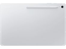 Charger l'image dans la galerie, Tablette blanche, vue arrière, avec un stylet attaché. La caméra et le logo Samsung sont visibles.
