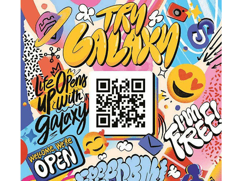 Art de graffiti coloré avec texte : Try Galaxy, Life Opens Up et I'm Free. Inclut un code QR et des emojis.