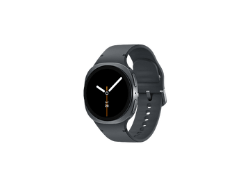 Une montre connectée grise sur fond noir. La montre a un cadran circulaire avec des aiguilles blanches et un affichage de la date.