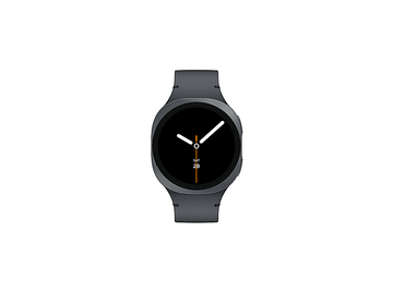 Une smartwatch gris foncé avec un cadran noir. La montre affiche l'heure et la date. Le fond est blanc.
