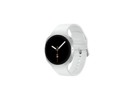 Une montre connectée blanche avec un cadran noir affiche l'heure et la date. La montre a un bracelet blanc sur fond noir.