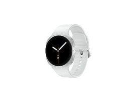 Une montre connectée blanche avec un cadran noir affiche l