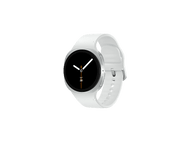 Une montre connectée blanche avec un cadran noir affiche l'heure et la date. La montre a un bracelet blanc sur fond noir.