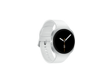 Charger l&#39;image dans la galerie, Une montre connectée blanche avec un écran noir affichant l&#39;heure. Le bracelet est blanc et le boîtier argenté.
