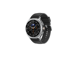 Une montre connectée argentée avec un cadran et un bracelet noirs. La montre affiche l