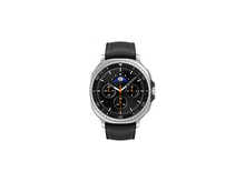 Charger l&#39;image dans la galerie, Une montre-bracelet argentée avec cadran et bracelet noirs, montrant les phases de la lune, isolée sur fond blanc.
