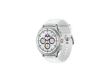 Charger l&#39;image dans la galerie, Une montre connectée blanche avec une lunette argentée et un bracelet blanc, sur fond noir. Le cadran affiche des chiffres et des cadrans.
