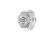 Une montre connectée blanche avec une lunette argentée et un bracelet blanc, sur fond noir. Le cadran affiche des chiffres et des cadrans.