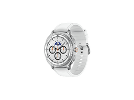 Une montre connectée blanche avec une lunette argentée et un bracelet blanc, sur fond noir. Le cadran affiche des chiffres et des cadrans.