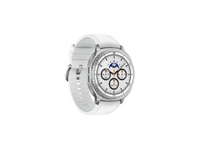 Charger l&#39;image dans la galerie, Une montre connectée blanche avec un bracelet en cuir blanc sur fond blanc. Le cadran affiche l&#39;heure et la date.
