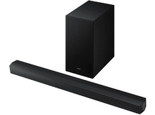 Charger l&#39;image dans la galerie, Un ensemble barre de son et caisson de basses noirs, isolé sur fond blanc.
