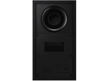 Charger l&#39;image dans la galerie, Arrière d&#39;un caisson de basses noir avec ports et une étiquette d&#39;avertissement, sur fond blanc.
