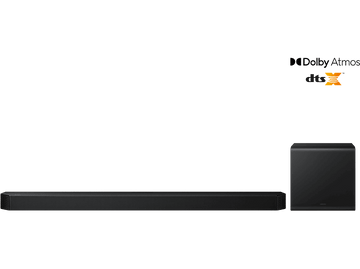 Barre de son et caisson de basses noirs sur fond noir. Logo DTS:X dans le coin.