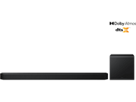 Barre de son et caisson de basses noirs sur fond noir. Logo DTS:X dans le coin.