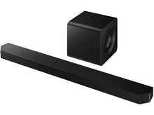 Charger l&#39;image dans la galerie, Une barre de son noire, un caisson de basses noir et un système audio combiné. Fond blanc.
