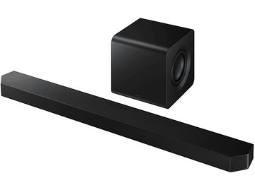 Une barre de son noire, un caisson de basses noir et un système audio combiné. Fond blanc.