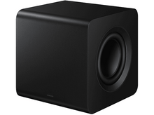 Charger l&#39;image dans la galerie, Haut-parleur de caisson de basses Samsung noir sur fond blanc, forme carrée, avec grand port circulaire.
