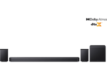 Charger l&#39;image dans la galerie, Barre de son noire avec deux enceintes et un caisson de basses sur fond noir.
