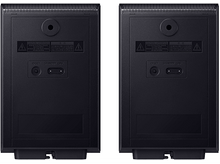 Charger l&#39;image dans la galerie, Deux enceintes noires, avec des étiquettes et des avertissements au dos.
