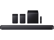 Charger l&#39;image dans la galerie, Une barre de son noire avec un caisson de basses et deux haut-parleurs.
