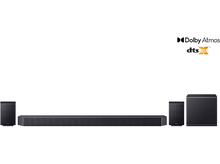 Charger l&#39;image dans la galerie, Barre de son noire, caisson de basses et deux enceintes. Logo DTS:X, fond noir.
