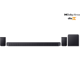 Barre de son noire, caisson de basses et deux enceintes. Logo DTS:X, fond noir.