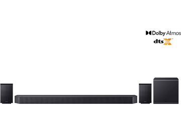 Barre de son noire, caisson de basses et deux enceintes. Logo DTS:X, fond noir.