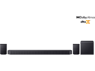 Barre de son noire, caisson de basses et deux enceintes. Logo DTS:X, fond noir.