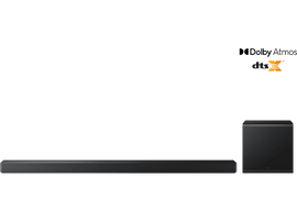 Barre de son et caisson de basses noirs sur fond noir. Logo DTS:X en haut à droite.