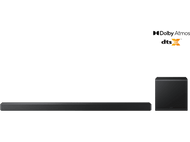 Barre de son et caisson de basses noirs sur fond noir. Logo DTS:X en haut à droite.