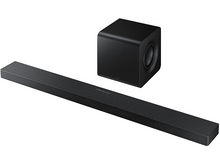 Charger l&#39;image dans la galerie, Barre de son noire et un caisson de basses noir. La barre de son est longue et rectangulaire. Le caisson de basses est un cube.
