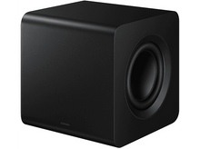 Charger l&#39;image dans la galerie, Un caisson de basses noir isolé sur fond blanc, avec un grand port circulaire.
