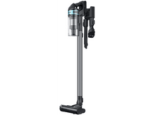 Charger l'image dans la galerie, Un aspirateur vertical avec un design bleu et argenté, plusieurs accessoires et un récipient à poussière transparent.
