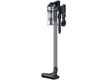 Un aspirateur vertical avec un design bleu et argenté, plusieurs accessoires et un récipient à poussière transparent.