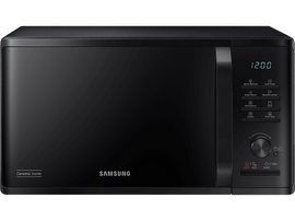 Micro-ondes Samsung noir. Panneau de commande à droite, nom de la marque en bas.