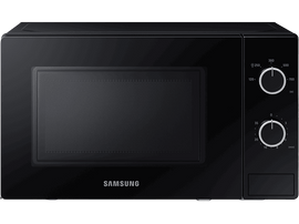 Four à micro-ondes Samsung noir. Il possède un panneau de contrôle avec des cadrans et une porte.
