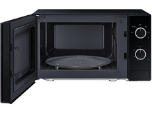 Charger l&#39;image dans la galerie, Micro-ondes noir avec la porte ouverte, révélant une plaque de verre ronde à l&#39;intérieur.

