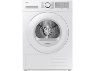 Sèche-linge blanc à chargement frontal. Porte circulaire, petit panneau de commande, logo Samsung.