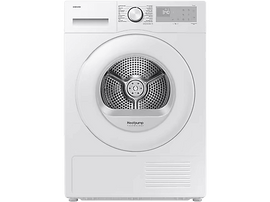 Sèche-linge blanc à chargement frontal. Porte circulaire, petit panneau de commande, logo Samsung.