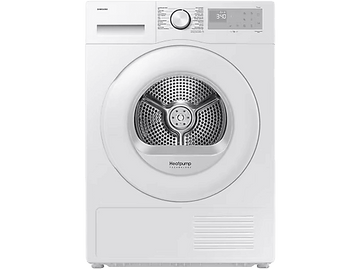 Sèche-linge blanc à chargement frontal. Porte circulaire, petit panneau de commande, logo Samsung.