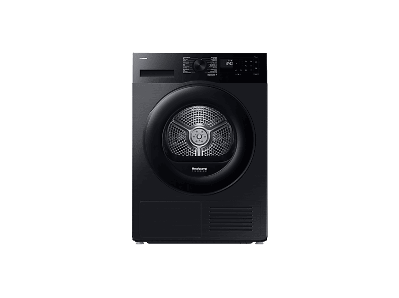 Un sèche-linge Samsung noir avec une porte ronde et un affichage numérique indiquant 3:40. Il a un logo Heatpump et diverses options de programme.