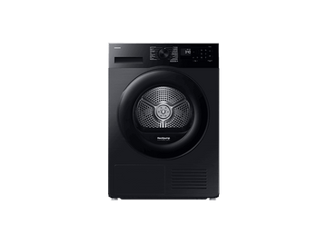 Un sèche-linge Samsung noir avec une porte ronde et un affichage numérique indiquant 3:40. Il a un logo Heatpump et diverses options de programme.
