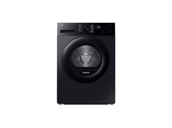 Un sèche-linge Samsung noir avec une porte ronde et un affichage numérique indiquant 3:40. Il a un logo Heatpump et diverses options de programme.