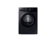 Un sèche-linge Samsung noir avec une porte ronde et un affichage numérique indiquant 3:40. Il a un logo Heatpump et diverses options de programme.