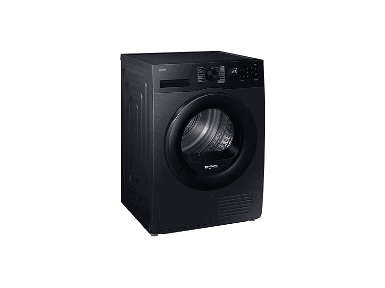 Un sèche-linge Samsung noir. Il a une porte ronde, un écran numérique et un panneau de commande. Le sèche-linge est sur fond blanc.