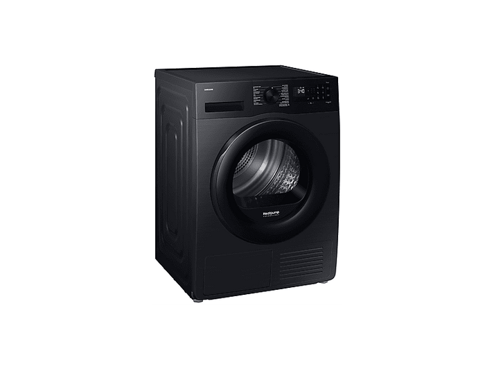 Un sèche-linge Samsung noir. Il a une porte ronde, un écran numérique et un panneau de commande. Le sèche-linge est sur fond blanc.