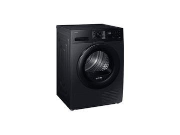 Un sèche-linge Samsung noir. Il a une porte ronde, un écran numérique et un panneau de commande. Le sèche-linge est sur fond blanc.