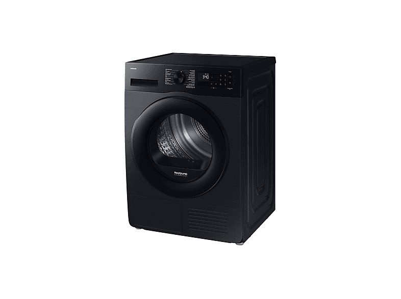 Un sèche-linge Samsung noir est présenté en biais. Le sèche-linge a une porte ronde et un panneau de commande. Le fond est blanc.