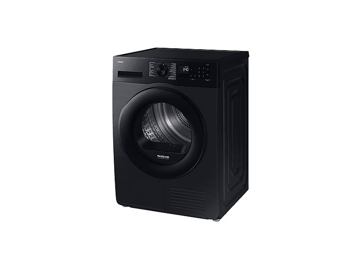 Un sèche-linge Samsung noir est présenté en biais. Le sèche-linge a une porte ronde et un panneau de commande. Le fond est blanc.
